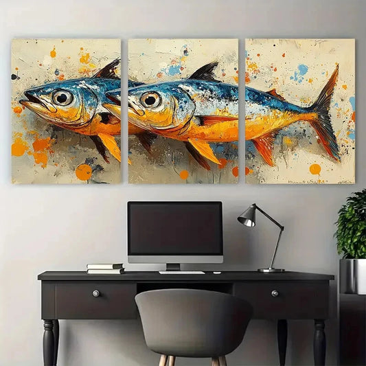 3pcs Sardine Fish Marine Illustration Metal Print Ready to Hang Art