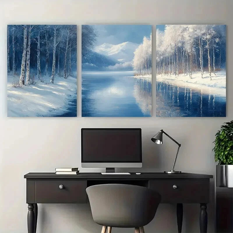 3pcs Blue and White Snowy Winter Landscape Forest Metal Print Ready to Hang Art