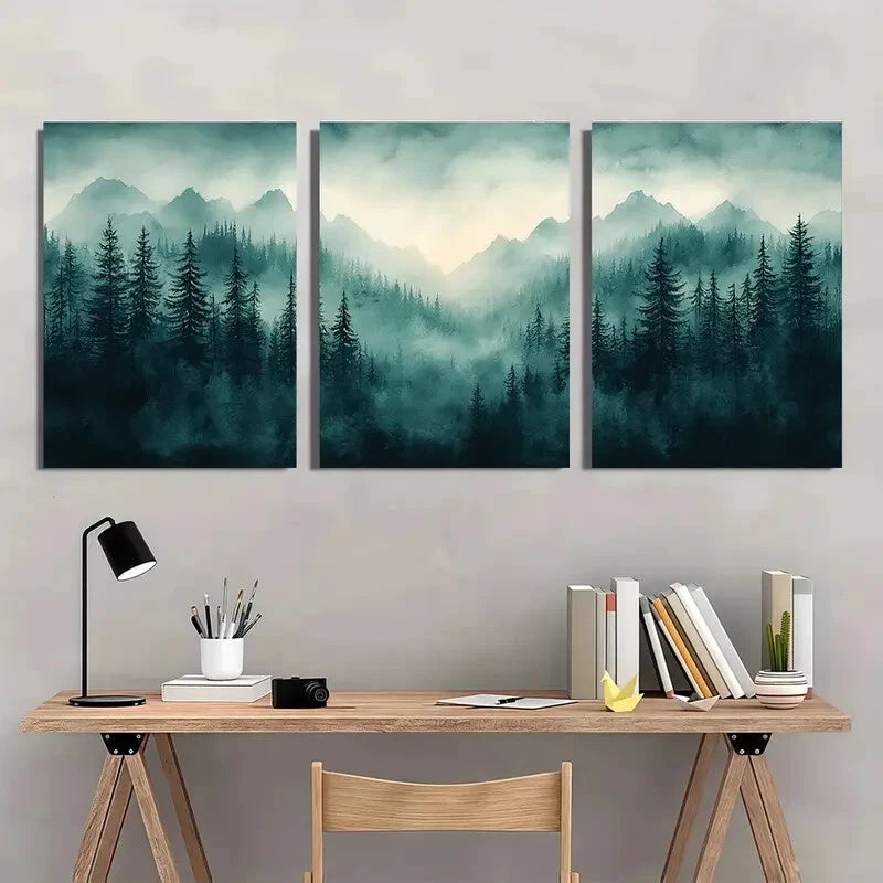 3pcs Misty Evergreen Landscape Art Metal Print Ready to Hang Art