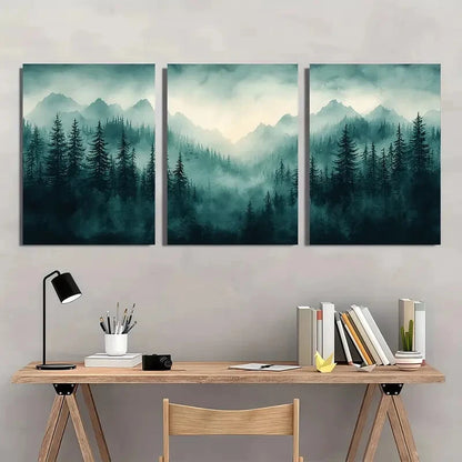 3pcs Misty Evergreen Landscape Art Metal Print Ready to Hang Art