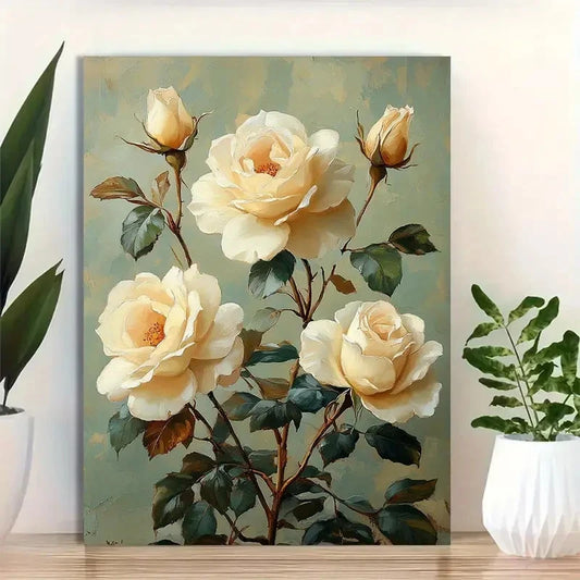 Beautiful Elegant White Roses Vintage Painting  40x60cm Metal Print Ready to Hang