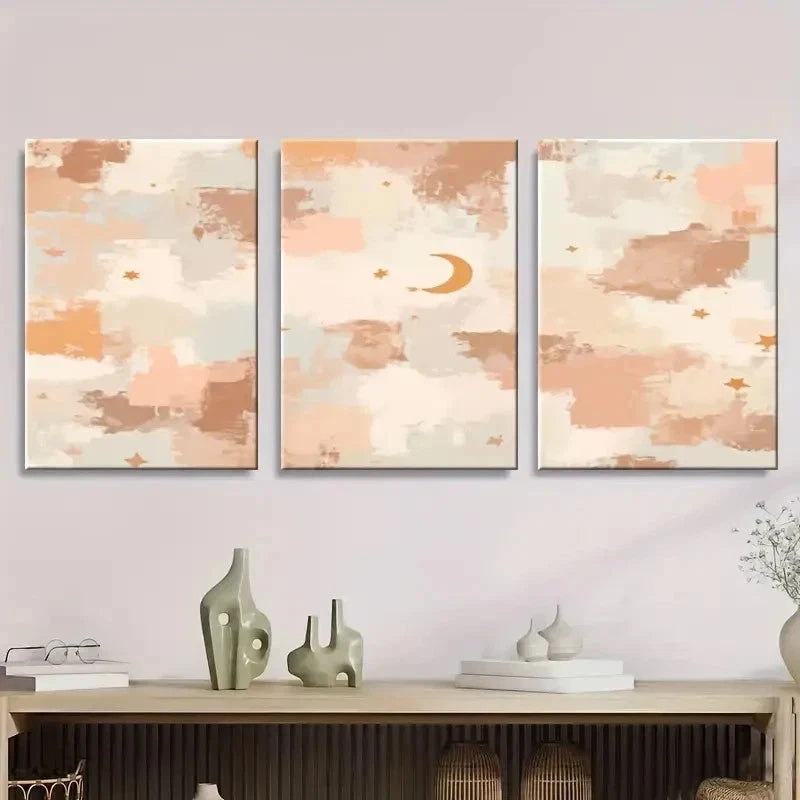 3pcs Abstract Creamy Beige Pastel Wall Art Set Canvas Framed 50x70cm - High Quality Print 100% Australian Made Wall Canvas Ready to Hang