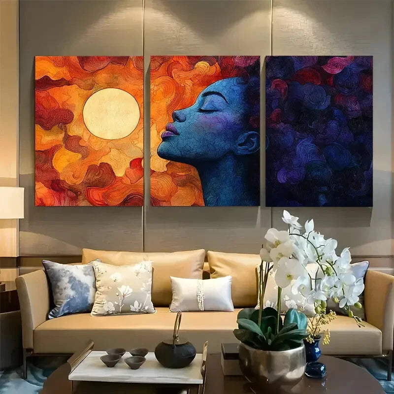 3pcs Vibrant Watercolor Sun and Woman Design Metal Print Ready to Hang Art