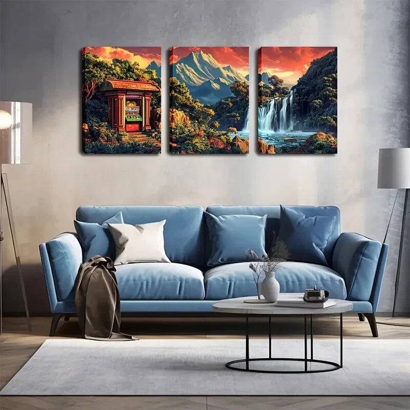 3pcs Waterfall Pavilion Modern Décor Perfect Wall Art Set Canvas Framed 40x60cm - High Quality Print 100% Australian Made Wall Canvas Ready to Hang