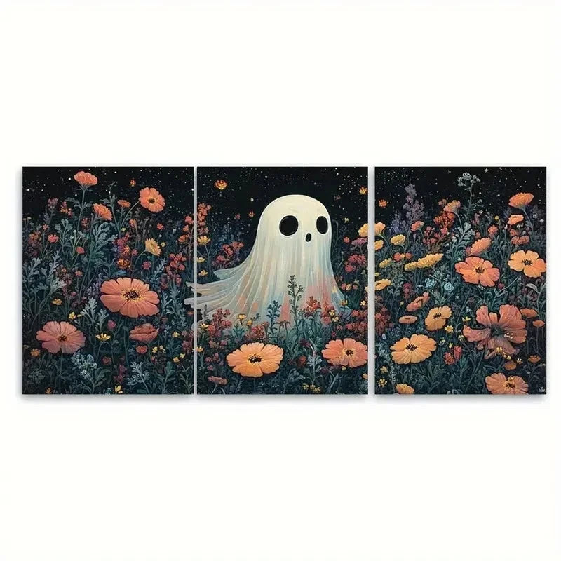 3pcs Horror Spooky Cute Ghost with Florals Wall Art Set Canvas Framed 50x70cm - High Quality Print 100% Australian Made Wall Canvas Ready to Hang