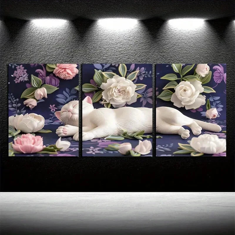 3pcs Vibrant Cat with Florals Design Metal Print Ready to Hang Art