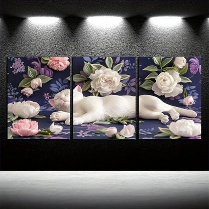 3pcs Vibrant Cat with Florals Design Metal Print Ready to Hang Art