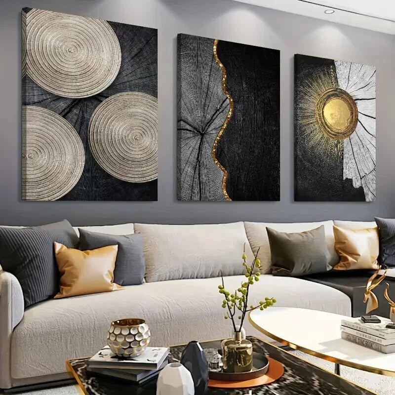 3pcs Black And Golden Color Annual Ring Wall Art Set Canvas Framed 40x60cm - High Quality Print 100% Australian Made Wall Canvas Ready to Hang