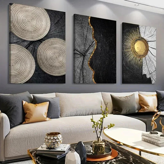 3pcs Black And Golden Color Annual Ring Wall Art Set Canvas Framed 40x60cm - High Quality Print 100% Australian Made Wall Canvas Ready to Hang
