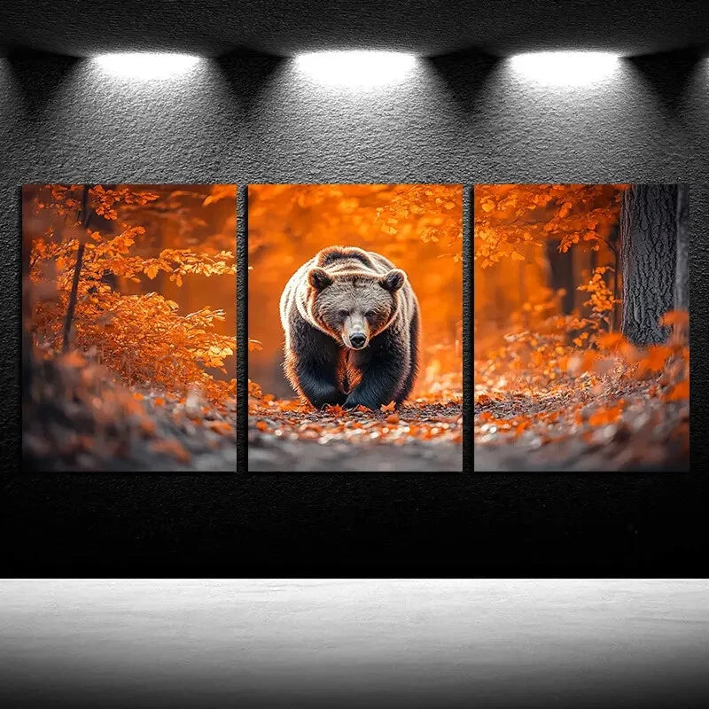 3pcs Bear in Fallen Leaves Autumn Scene Metal Print Ready to Hang Art