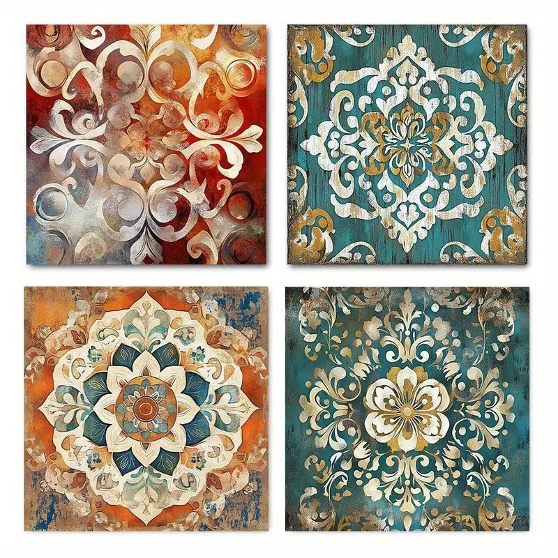 4pcs Vintage Flowers Pattern  Wall Art Canvas Framed