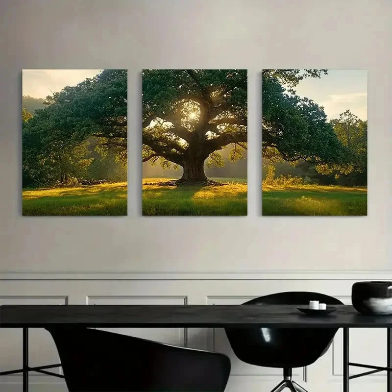 3pcs Oak Tree in Open Meadow Triptych Nature Scene Metal Print Ready to Hang Art