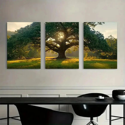 3pcs Oak Tree in Open Meadow Triptych Nature Scene Metal Print Ready to Hang Art