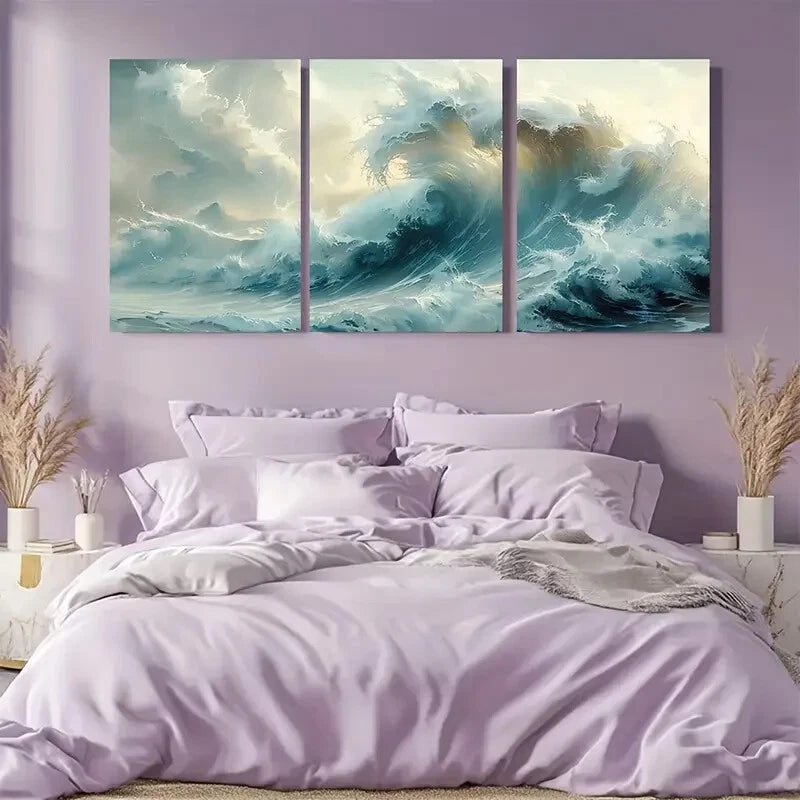 3pcs Vibrant Blue & White Ocean Wave Painting Metal Print Ready to Hang Art