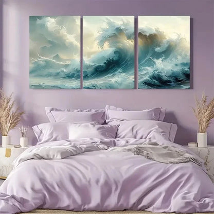3pcs Vibrant Blue & White Ocean Wave Painting Metal Print Ready to Hang Art