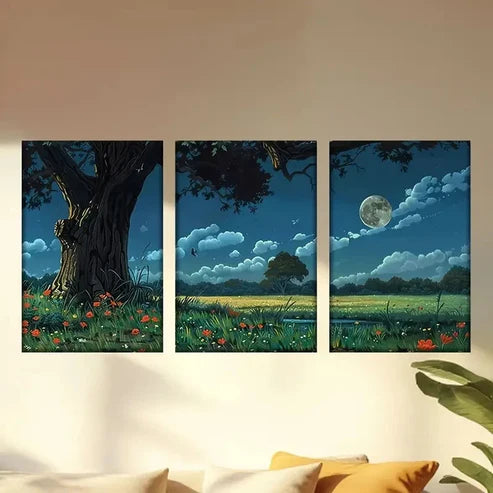 3pcs Enchanted Moonlit Flower Meadow Scene Wall Art Canvas Unframed - High Quality Print 100% Australian Made Wall Canvas