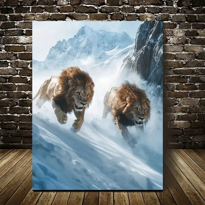 Scene Of Lion Chasing Each Other Painting 40x60cm Metal Print Ready to Hang