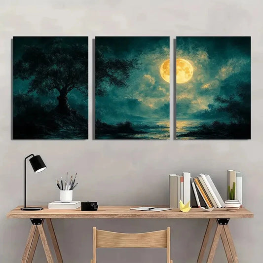 3pcs Rustic Moonlit Tree Forest Vintage Metal Print Ready to Hang Art