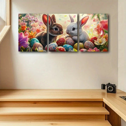 3pcs Colourful Rabbits Eggs Painting Metal Print Ready to Hang Art
