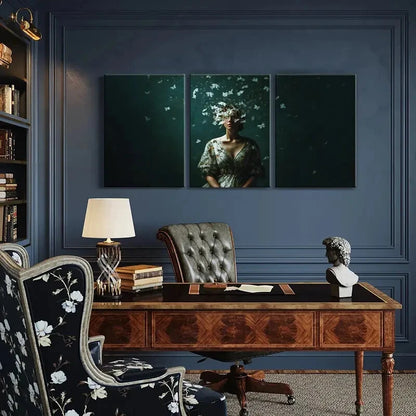 3pcs Artistic Woman Portrait Ethereal Butterfly Metal Print Ready to Hang Art