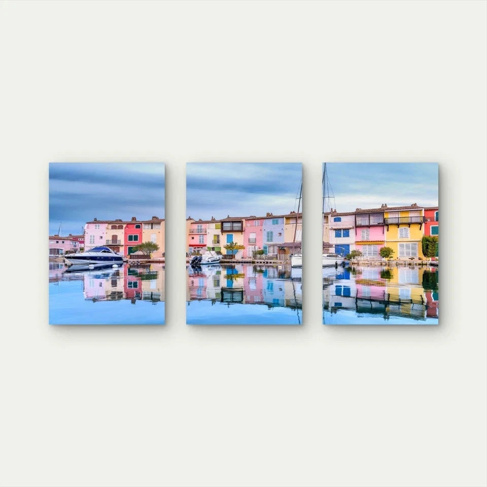 3pcs Harbor Reflections In Port Grimaud Wall Art Set Canvas Framed 60x90cm - High Quality Print 100% Australian Made Wall Canvas Ready to Hang