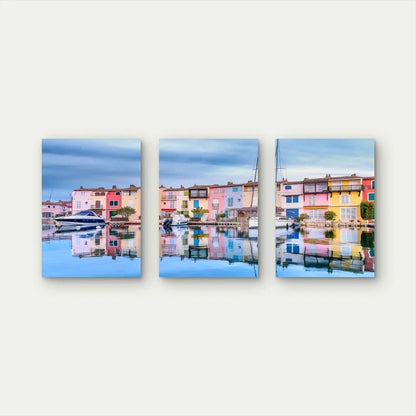 3pcs Harbor Reflections In Port Grimaud Wall Art Set Canvas Framed 60x90cm - High Quality Print 100% Australian Made Wall Canvas Ready to Hang