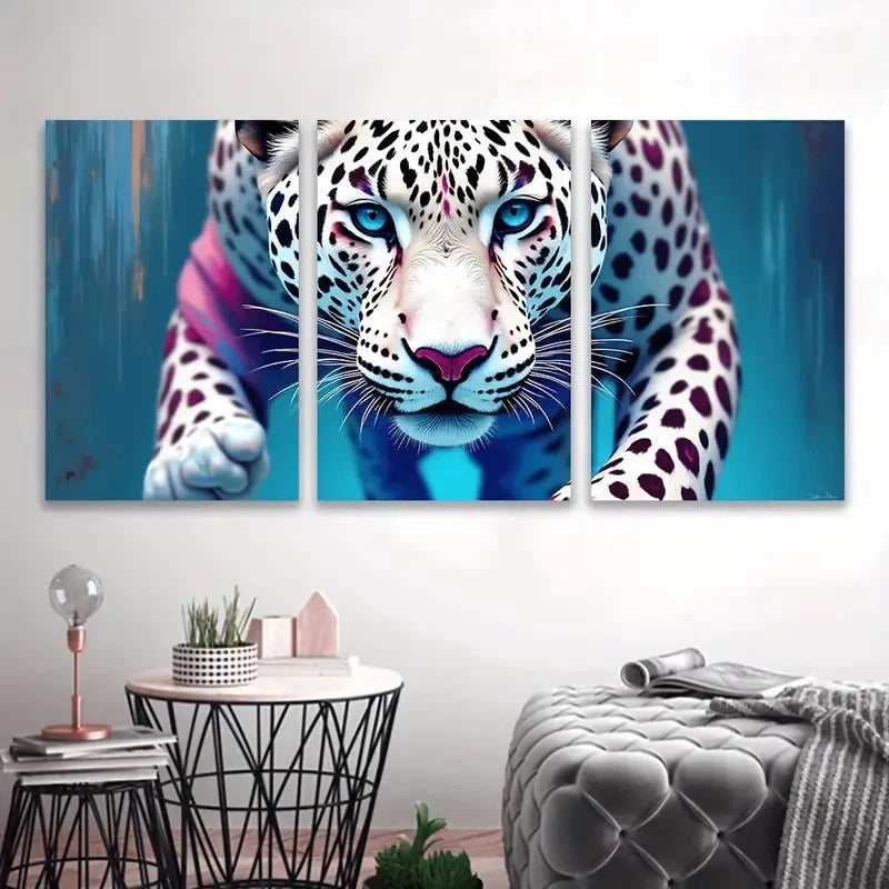 3pcs Vibrant Leopard Portrait with Blue Eyes Wall Art Set Canvas Framed 60x90cm - High Quality Print 100% Australian Made Wall Canvas Ready to Hang