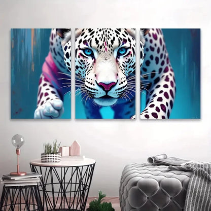 3pcs Vibrant Leopard Portrait with Blue Eyes Wall Art Set Canvas Framed 60x90cm - High Quality Print 100% Australian Made Wall Canvas Ready to Hang