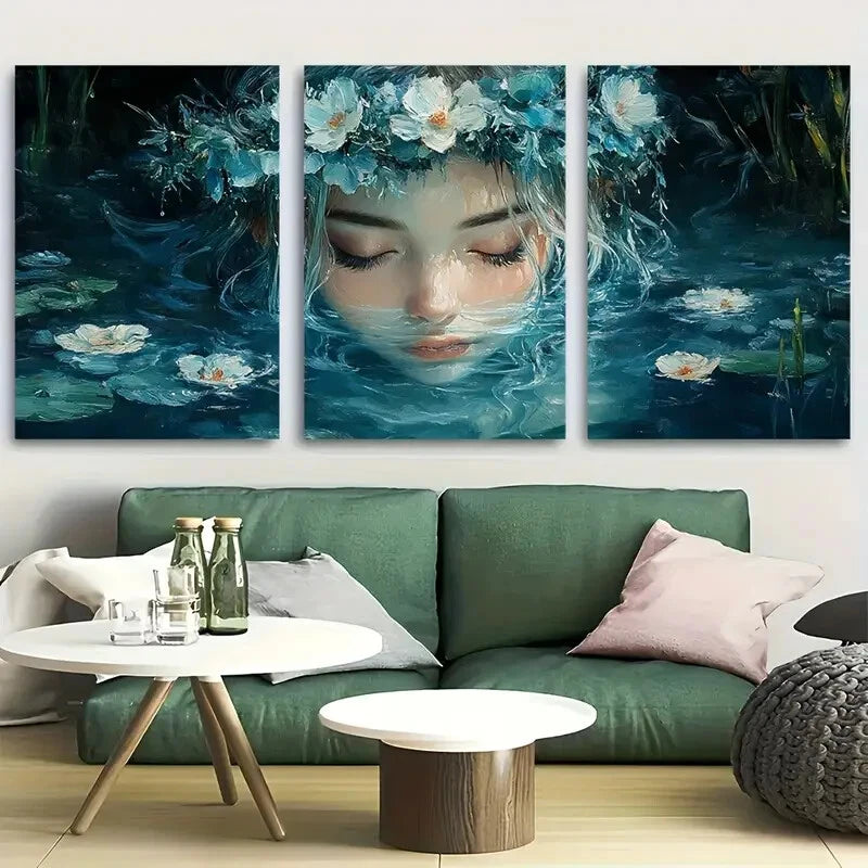 3pcs Enchanting Water Nymph Floral Wreath Metal Print Ready to Hang Art