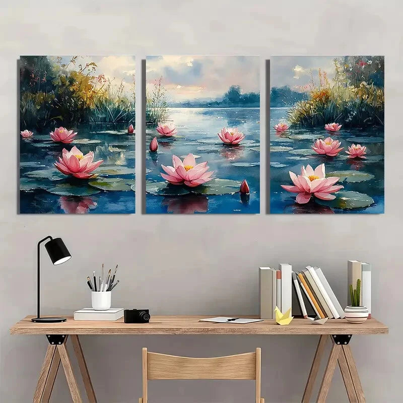 3pcs Water Lily Monet-Inspired Summer Landscape Metal Print Ready to Hang Art