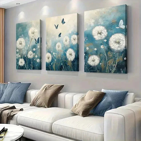 3pcs Blue and White Dandelion and Butterfly Wall Art Set Canvas Unframed - High Quality Print 100% Australian Made Wall Canvas
