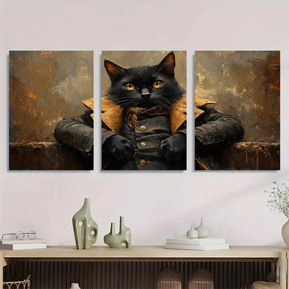 3pcs Black Cat Theme Stunning Golden Eyes Metal Print Ready to Hang Art