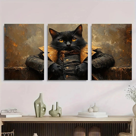 3pcs Black Cat Theme Stunning Golden Eyes Metal Print Ready to Hang Art