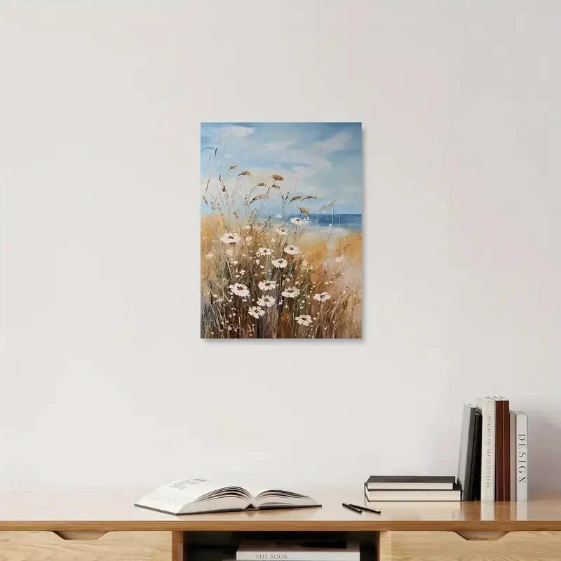 Beautiful Coastal Wildflower Field Painting 40x60cm Metal Print Ready to Hang
