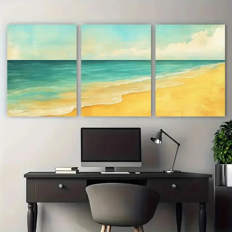 3pcs Muted Turquoise and Naples Yellow Beach Wall Art Set Canvas Framed 40x60cm - High Quality Print 100% Australian Made Wall Canvas Ready to Hang