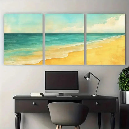 3pcs Muted Turquoise and Naples Yellow Beach Wall Art Set Canvas Framed 40x60cm - High Quality Print 100% Australian Made Wall Canvas Ready to Hang