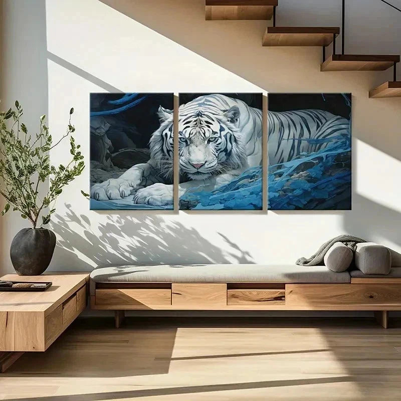 3pcs White Tiger Fantasy Animal Decor Wall Art Set Canvas Framed 40x60cm - High Quality Print 100% Australian Made Wall Canvas Ready to Hang