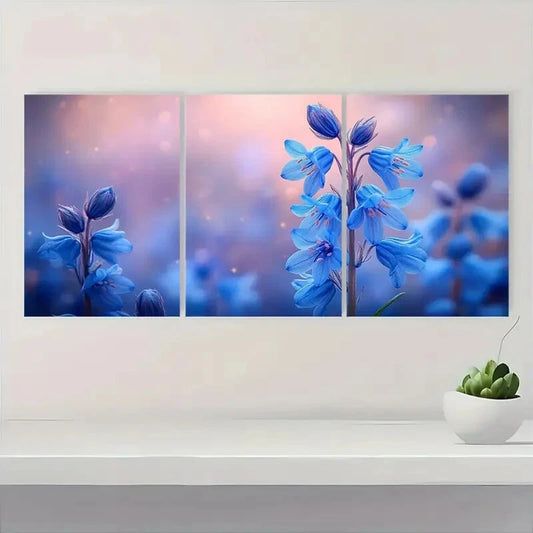 3pcs Featuring Vibrant Bluebells in Pink and Blue Metal Print Ready to Hang Art