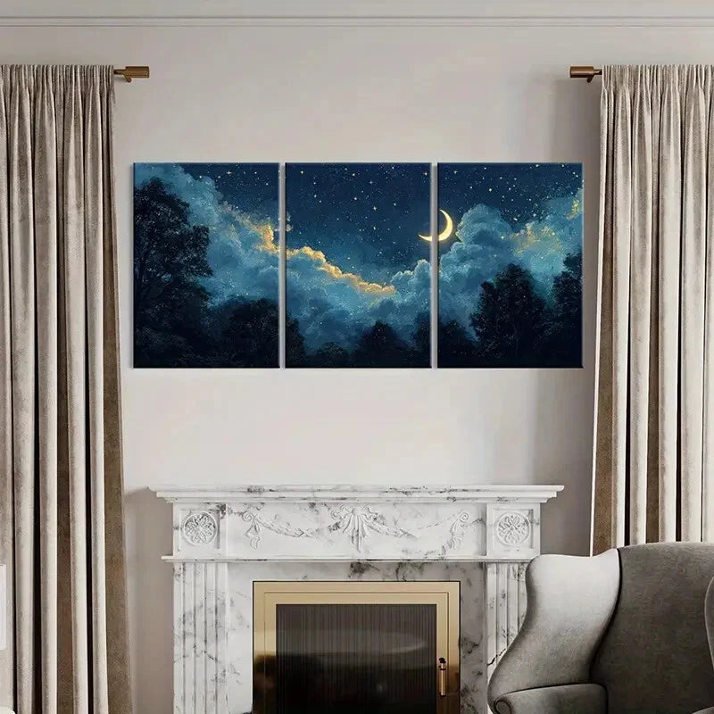 3pcs Moonlit Night Sky Starry Clouds Crescent Moon Metal Print Ready to Hang Art
