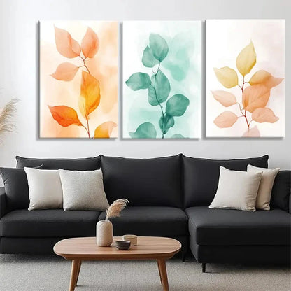3pcs Soft Watercolor Leaves Orange Green Metal Print Ready to Hang Art