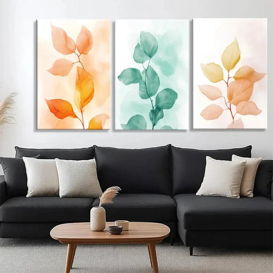 3pcs Soft Watercolor Leaves Orange Green Metal Print Ready to Hang Art