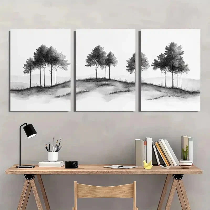 3pcs Vintage Black and White Tree Landscape Metal Print Ready to Hang Art