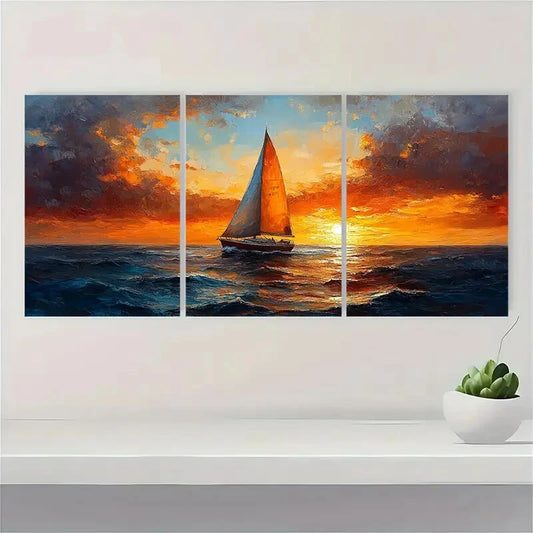 3pcs Sailboat Seascape Sunset Paintings Metal Print Ready to Hang Art