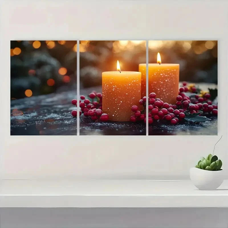 3pcs Festive Candle Christmas Candlelight Design Metal Print Ready to Hang Art