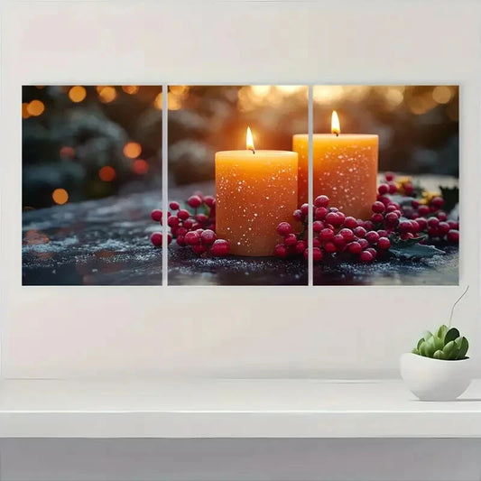 3pcs Festive Candle Christmas Candlelight Design Metal Print Ready to Hang Art