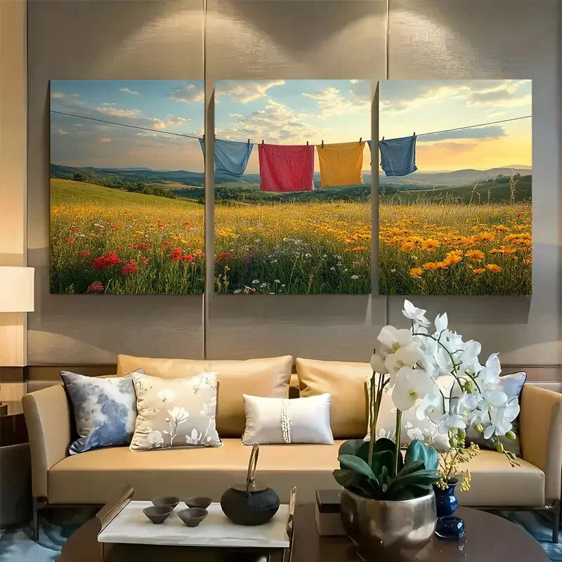 3pcs Vibrant Wildflowers and Pastoral Clothes line Metal Print Ready to Hang Art