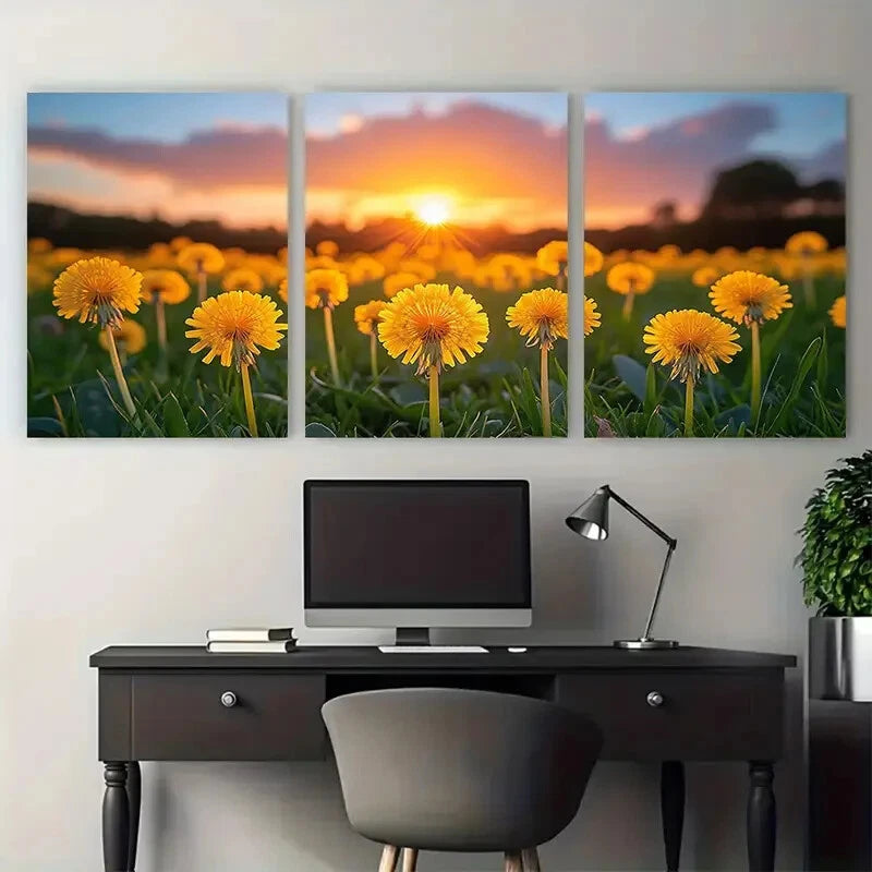 3pcs Yellow Dandelion Bulbs Evening Sunset Metal Print Ready to Hang Art