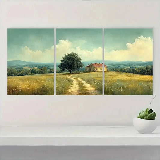 3pcs Vintage Loose Watercolor Pastoral Scene Metal Print Ready to Hang Art