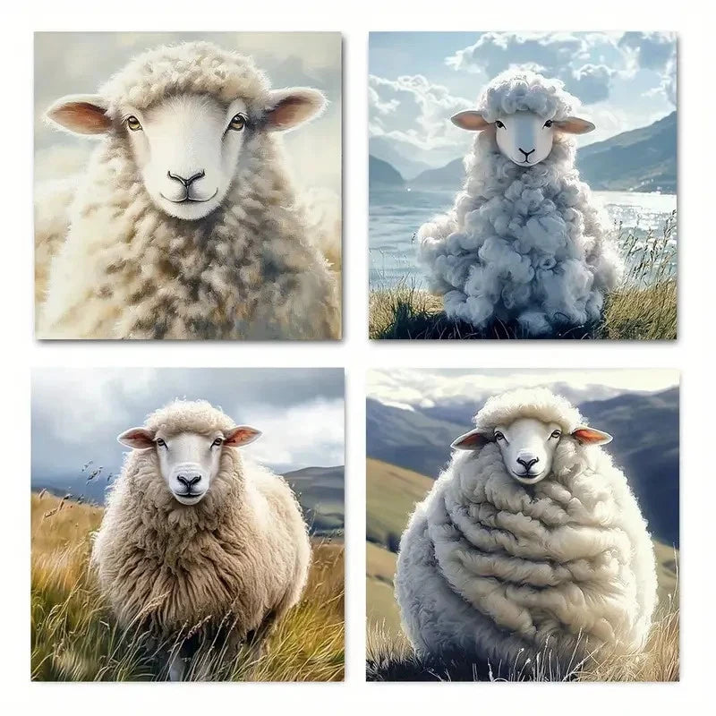 4pcs Charming Sheep Watercolor Wall Art Canvas Framed