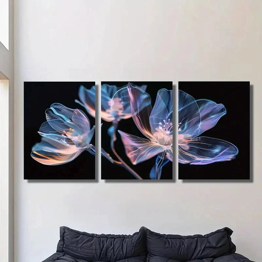 3pcs Vibrant Pink and Blue Crystal Flowers Metal Print Ready to Hang Art